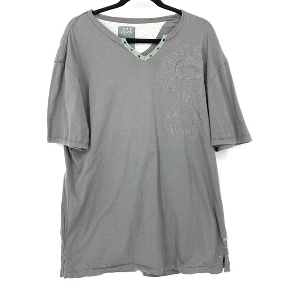 Pepe Jeans London V-Neck Short Sleeve T-Shirt Mens Size XL Gray Embroidered - Picture 1 of 5